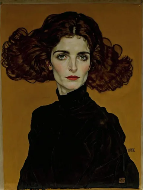 a painting of a woman with red hair and a black dress