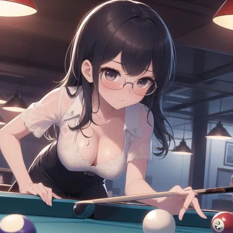 masterpiece,ultra detail,best quality,girl., from below, sweat,(aim pool ball,both hands holding pool cue), professional game,lace blouse,glasses,cleavage,blush,black longhair., lean on table<lora:girllikepoolball_v20:0.8>