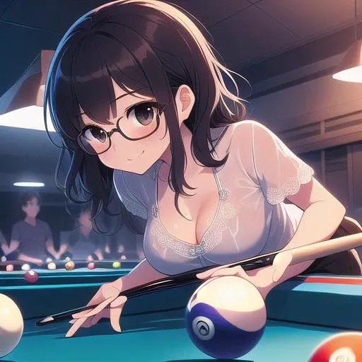 masterpiece,ultra detail,best quality,girl,from below, sweat,smile,(aim pool ball,both hands holding pool cue), professional game,lace blouse,glasses,cleavage,blush,black longhair., lean on table<lora:girllikepoolball_v20:0.9>