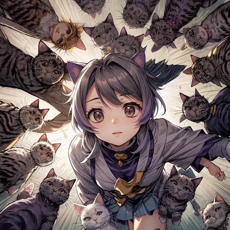 anime girl surrounded by cats in a circle