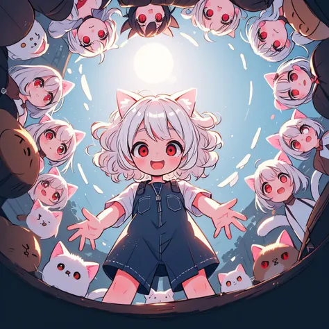 hyperrealistic art, professional 3d model, cinematic film still, (high res, highly detailed:1.3), perfect lighting, face close up, center focus, (body white fur, furry white), surrounded by, (6+girls:1.5), (cat girls),(very cute, small:1.5), (perfect body)...