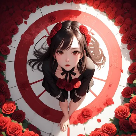 arafed image of a woman in a black dress surrounded by red roses