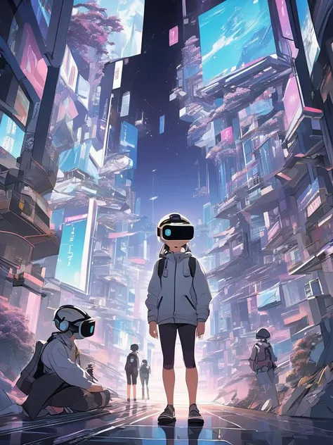 a woman standing in a futuristic city with a virtual reality device