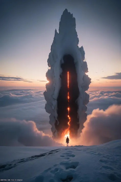 a person standing on top of a snow covered mountain with a large cloud