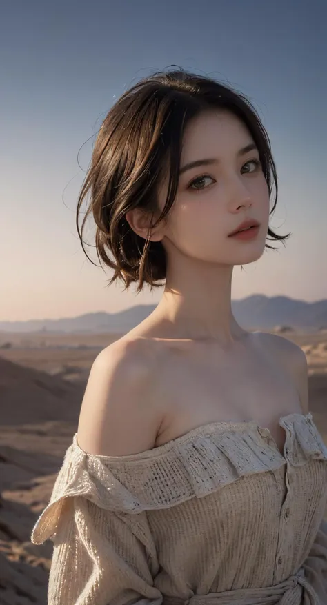 a woman in a dress standing in the desert with mountains in the background