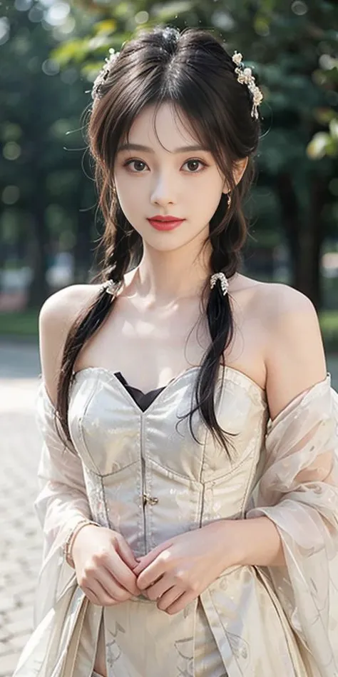 (looking at viewer,close in viewer,front view photo:1.8),cleavage,small breasts,(beauty hair,ostentatious hair accessories,gorgeous hair accessories,light smile:1.15),1girl,light smile,happy,((((upper body,real face photo,indoor background,background blur)...