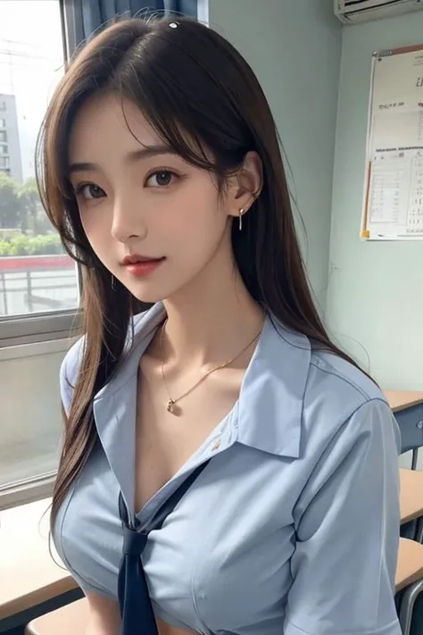 1 beautiful girl in classroom, (((uniforms))), (((no bra))), hair over shoulder, medium breast, perfect detailed face, perfect detailed eyes, seductive eyes, wet skin:0.44, perfect detailed nipple, perfect light, light makeup, earrings, necklace, view from...