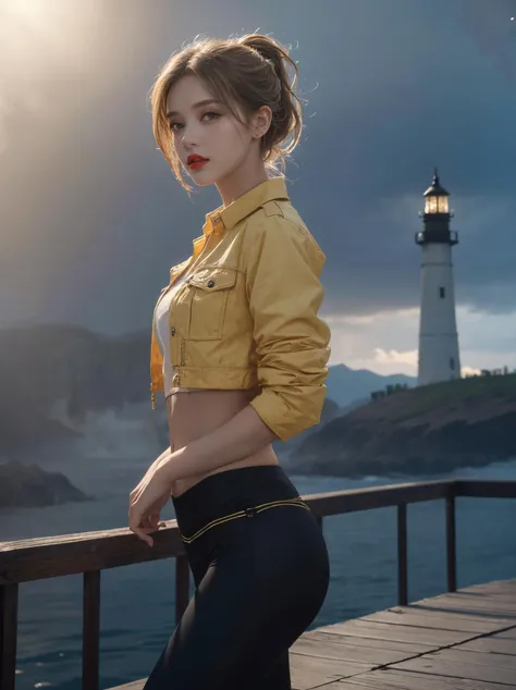 a woman in a yellow jacket and black pants standing on a pier