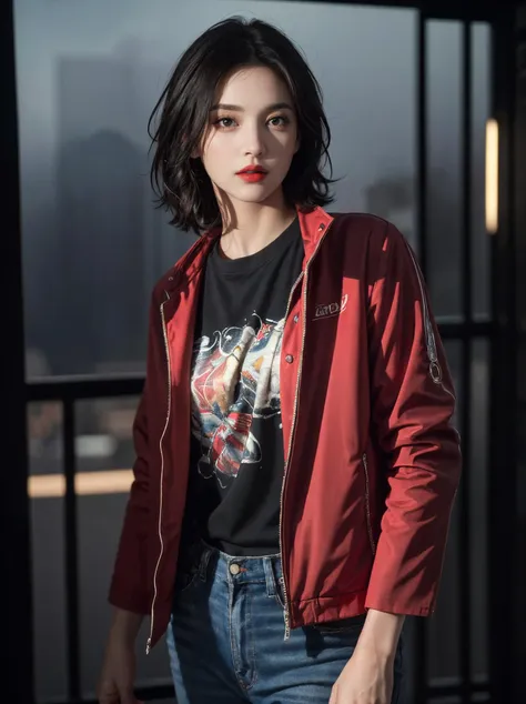 a woman in a red jacket and jeans standing in front of a window