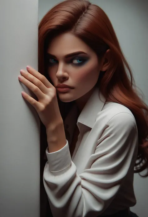 a woman with red hair leaning against a wall with her hand on the corner