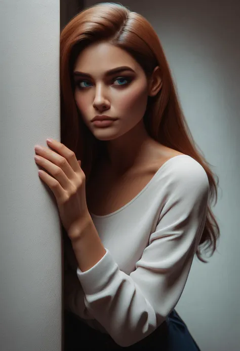 a woman with long red hair leaning against a wall