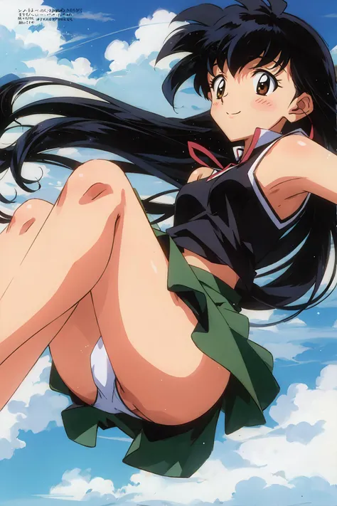 (jumping on fluffy clouds), floating in the sky, 1girl,fluffy,kawaii,cute,pretty,Neat and clean,fluffy hairstyle, coquettish smile, (upskirting ) , (underwear) <lora:Kagome - [Inu Yasha] - Version 1:0.8>,kagome,black_hair,brown_eyes,anime,bishoujo,<lora:ad...