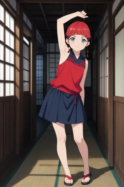 a woman in a red top and blue skirt standing in a hallway