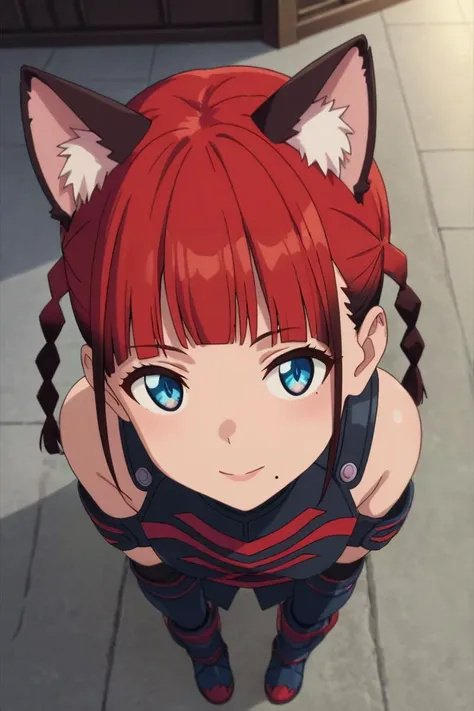 anime girl with red hair and blue eyes standing on a tiled floor