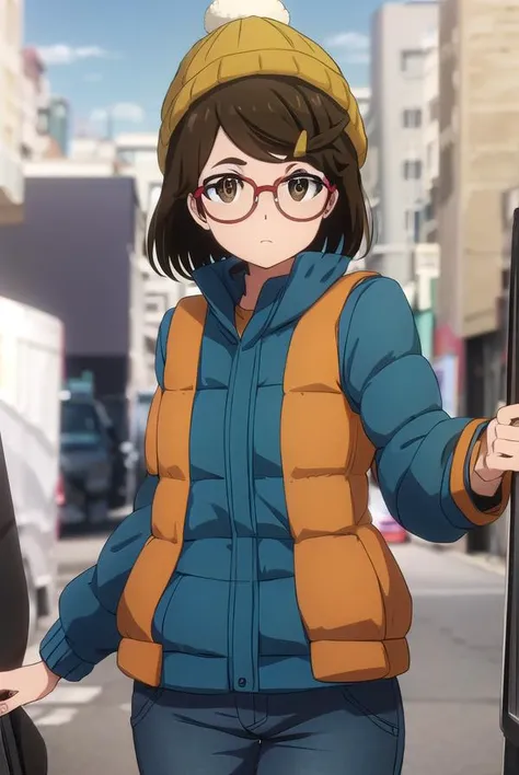 risaaoi, <lora:risa aoi s1-lora-nochekaiser:1>,
risa aoi, short hair, brown hair, hair ornament, (brown eyes:1.5), glasses, hairclip, red-framed eyewear,
BREAK shirt, hat, jacket, pants, vest, beanie,
BREAK outdoors, city,
BREAK looking at viewer, (cowboy ...