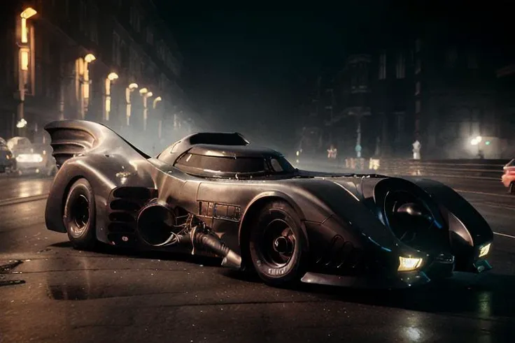 analog gloomy photo of a Burton Batmobile, <lora:b4tm0b1l389:1>, racing down an avenue at night, city buildings on fire, outrun, explosions in the background, tracer gunfire, High Detail, Sharp focus, ((photorealism)), realistic, best quality, 8k, award wi...