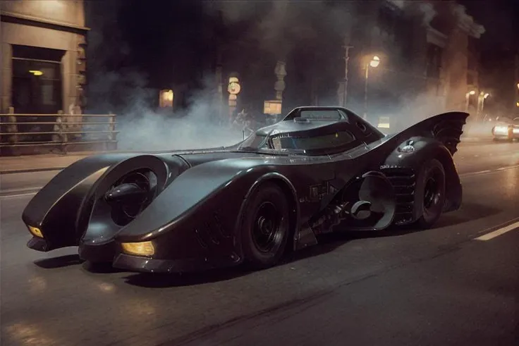 analog gloomy photo of a Burton Batmobile, <lora:b4tm0b1l389:1>, racing down an avenue at night, city buildings on fire, outrun, explosions in the background, tracer gunfire, High Detail, Sharp focus, ((photorealism)), realistic, best quality, 8k, award wi...