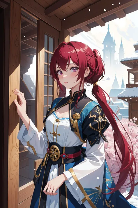 anime girl with red hair and blue dress standing in front of a window