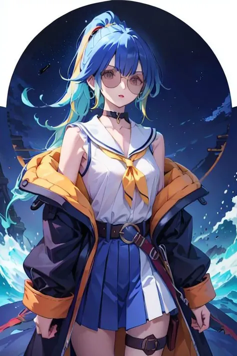 (masterpiece), (best quality), barbaros, ponytail, long hair, ahoge, round glasses, deep blue jacket, open jacket, sailor collar, belt, white shirt, sleeveless shirt, pleated skirt, sleeves past wrists, thigh strap, open mouth, sideboob, cloud, colorful, s...