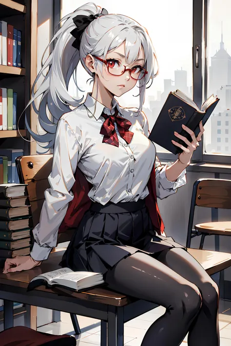 anime girl sitting on a bench reading a book in a library