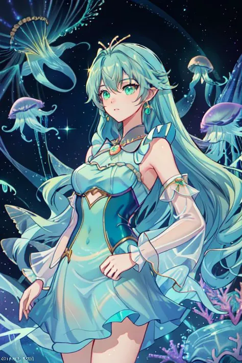 Earth-QualityPos, Best_QualityPos, CelShade,
professional (cowboy shot) of a cute young woman, (frilly elegant glossy holographic dress, crescent brooch, crescent earrings, crescent accessories),
(long aquatic hair, light blue hair with light green hairtip...