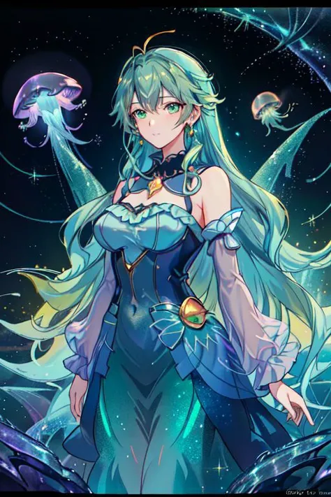 Earth-QualityPos, Best_QualityPos, CelShade,
professional image of a cute young woman, (frilly elegant glossy dark holographic dress, crescent brooch, crescent earrings, crescent accessories),
(long aquatic hair, light blue hair with light green hairtips, ...