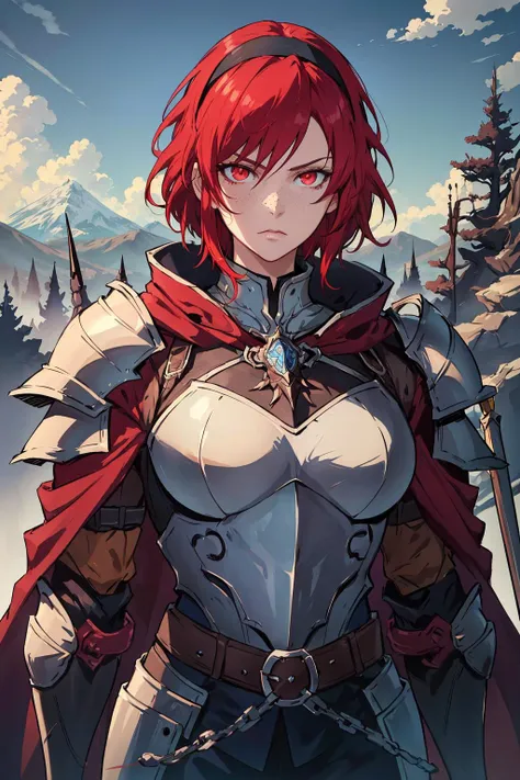 a woman with red hair and a cape is standing in the snow