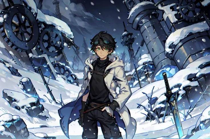 anime boy in winter clothes standing in a snowy area with a sword