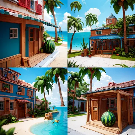 ((masterpiece,best quality)), absurdres,
<lora:Delfino_Plaza:0.8>, Delfino_Plaza, small house, detailed wooden door, big watermelon, palm tree, ocean in background,