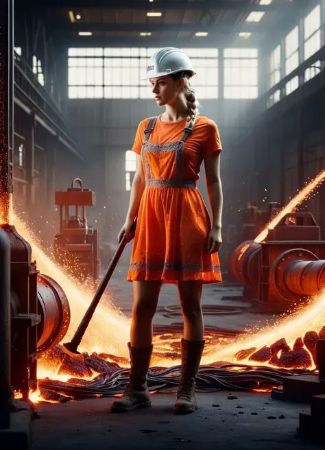 a woman in an orange dress and hard hat standing in a factory