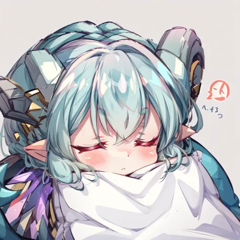 masterpiece,best quality,chibi,cute,emoji,icon,1girl,tiamat (fate),FirLarva,horns,curled horns,pointy ears,(pillow, sleeping),simple background,<lora:FGOTiamatv2:0.8>,<lora:Chibiv2:0.7>,