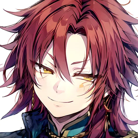 masterpiece, incredible detail, best quality,  <lora:yang:0.78> 1boy, male focus, red hair, changshan, yang solo, long hair, yellow eyes, braid, earring, smug smile, <lora:Chibiv2:.65>, chibi, emoji, icon, white background