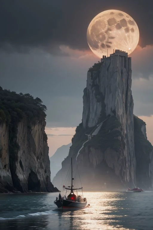 a large full moon is rising over a mountain and a boat