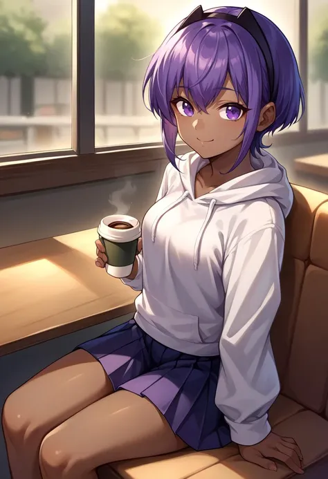 score_9, score_8_up, source_anime, HassanOfSerenity, dark-skinned female, purple hair, purple eyes, short hair, black hairband, sitting, coffee shop, hoodie, pleated skirt, smile, <lora:ChamHassanOfSerenityPonyXL:1>