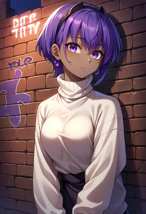 score_9, score_8_up, source_anime, HassanOfSerenity, dark-skinned female, purple hair, purple eyes, short hair, black hairband, earrings, sharp eyes, choker, neon shirt, open jacket, turtleneck sweater, night, against wall, brick wall, graffiti, dim lighti...