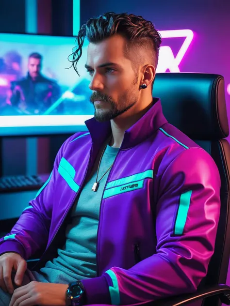 neonpunk style h3nryk4v1l , facial hair, grey eyes, wearing tracksuit, sitting in office chair, gaming computer, movie still, action shot  <lora:h3nryk4v1l-Lora:1> . cyberpunk, vaporwave, neon, vibes, vibrant, stunningly beautiful, crisp, detailed, sleek, ...