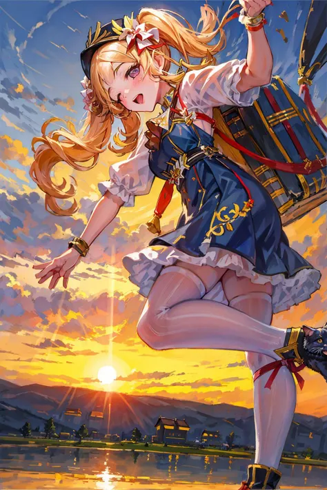 a girl in a sailor outfit is flying over the water