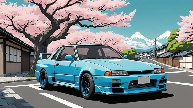 blue Nissan Skyline VIII (R32) driving through japan village, sakura tree, back side view, simple anime style, 2D, celshading, thick lineart, heavy black ink lines, posterized, flat color, celshading, toonshading, Cartoon Rendering, Flat Shading, Graphic N...