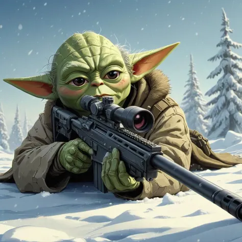 cartoon illustration of Yoda laying down in snow holding Sniper Rifle, Soviet Army uniform,fur Soviet hat, <lora:XL_Weapon_Sniper_Rifle_-_By_HailoKnight:0.7>,