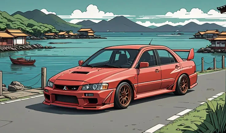 (Mitsubishi Lancer Evolution:1.1) parked in japan village, front photo, sea in background, simple anime style, 2D, celshading, thick lineart, heavy black ink lines, posterized, flat color, celshading, toonshading, Cartoon Rendering, Flat Shading, Graphic N...