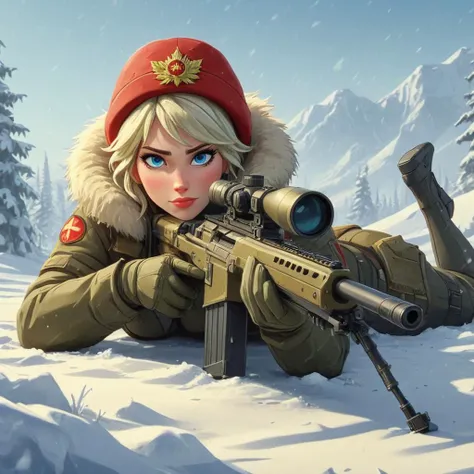 cartoon illustration of Elsa laying down in snow holding Sniper Rifle, Soviet Army uniform,fur Soviet hat, <lora:XL_Weapon_Sniper_Rifle_-_By_HailoKnight:0.7>,