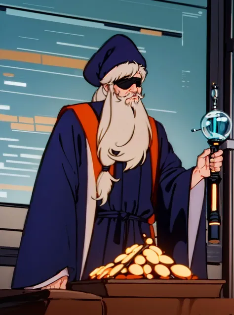 jaycewheeled, gillian, elderly male, long beard, eyepatch, grey long braided hair, teal wizard robe, science equipment on a table <lora:Jayce_and_the_Wheeled_Warriors:0.8>, <lora:add_detail:0.5>,  <lora:boldline:-0.2>,  <lora:noline:0.3>, 1girl, solo,