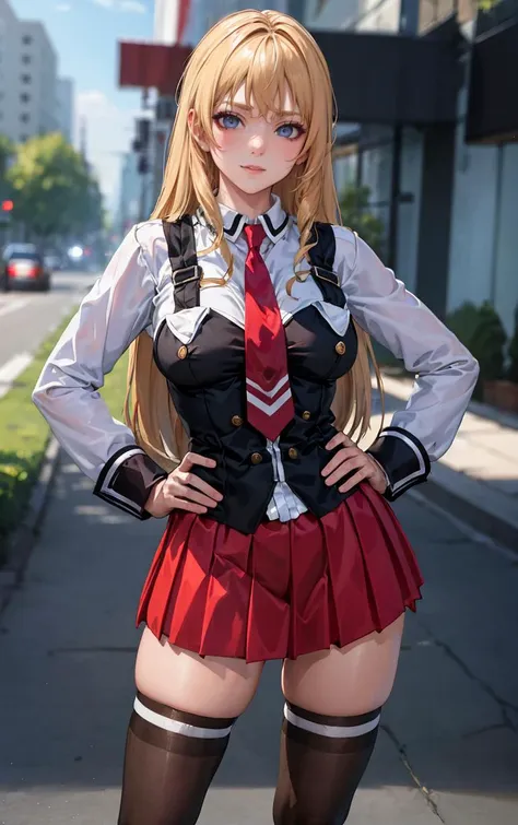 anime girl in uniform posing on the street with her hands on her hips