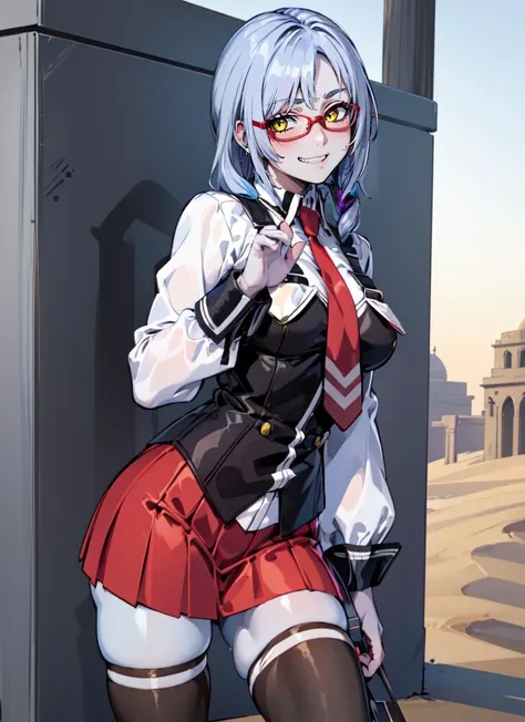 ((best quality)), ((highly detailed)), extremely detailed face, beautiful face, , (1girl), (glasses), dynamic pose, cowboy shot, <lora:BibleBlack_SchoolDress:.9>, CLOTHING_BibleBlack_SchoolDress_ownwaifu, white shirt, collared shirt, long sleeves, black ve...