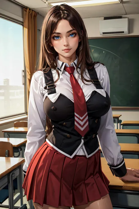 (masterpiece, best quality, ultra detailed, absurdres:1.5), 1girl, (sexy, beautiful woman, perfect face, perfect eyes, perfect female body, large breasts:1.5), (CLOTHING_BibleBlack_SchoolDress_ownwaifu, long hair, black vest, red skirt, white shirt, collar...