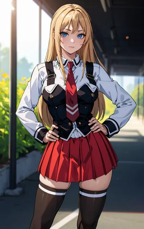 anime girl in uniform posing for a picture in front of a building