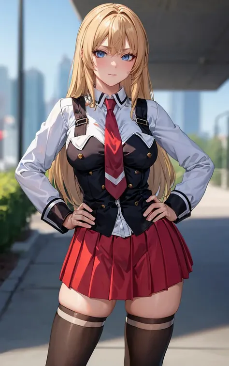 anime girl in uniform posing for a picture in front of a building