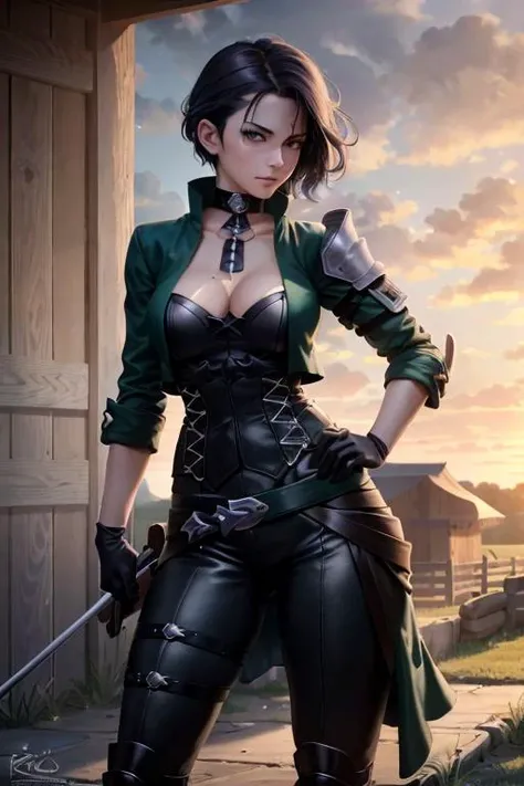 <lora:shamirFireEmblemThree_v1:0.8>, shamir, black gloves, adult woman, tall, (masterpiece:1.3), perfect lighting, ultra high quality cg, best quality, perfect image, solo, 1girl, shamir, outdoors, stables, cowboy shot, detailed background, small breast, b...