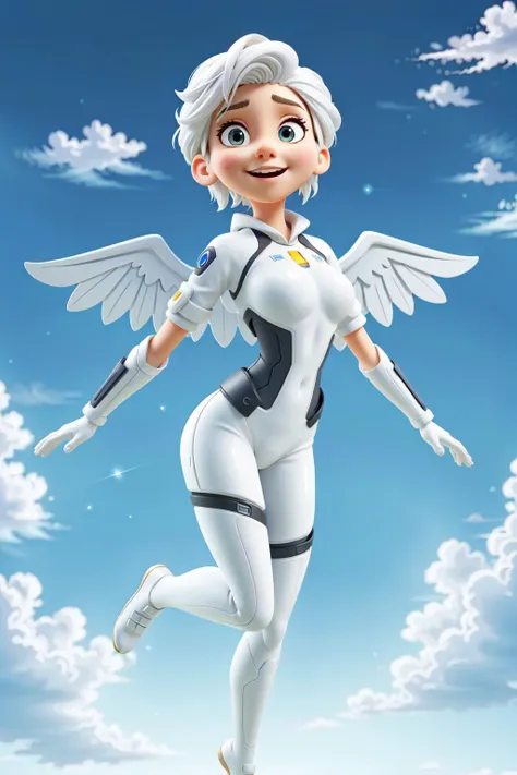 girl, age 20, (white hair:1.2), wings, adorable, quirky, dynamic expression, angel face, large breasts, happy expression, mouth slightly open, perfect eyes, perfect body, perfect face, perfect teeth, perfect legs, (all white cyber suit:1.3), (smooth bodysu...