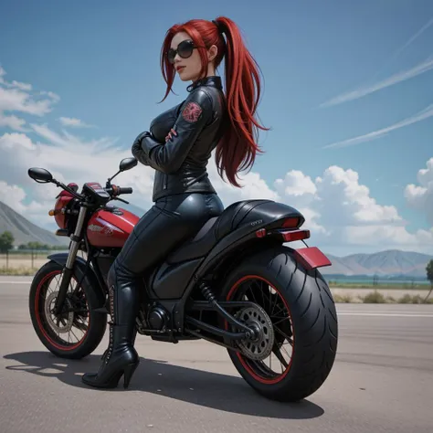 full body shot, milf, biker, leather jacket, (motorbike:1.2), sunglasses, windy, red hair, ponytail, tattoo, <lora:LCM_LoRA_Weights_SD15:1>